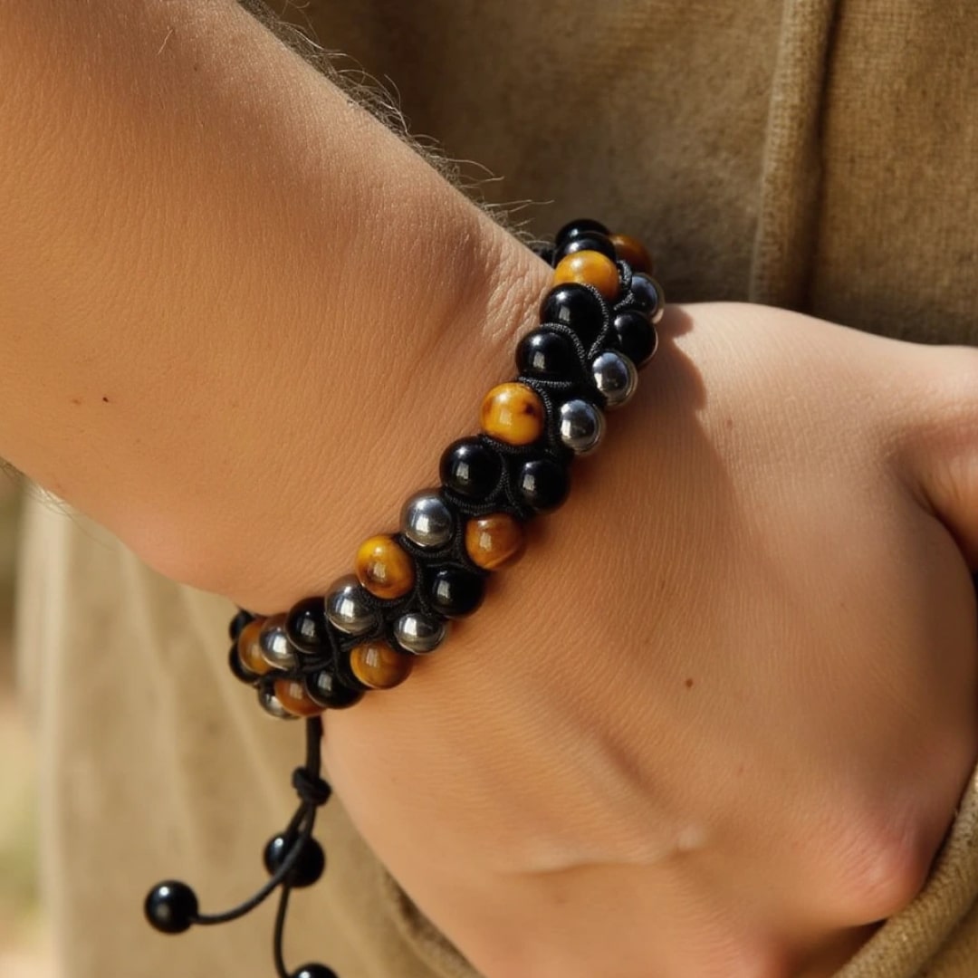 Bransoletka pleciona regulowana „Potrójna Ochrona” z hematytu, tygryskiego oka i obsydianu