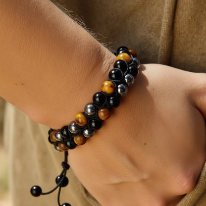 Bransoletka pleciona regulowana „Potrójna Ochrona” z hematytu, tygryskiego oka i obsydianu