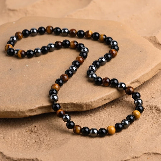 Naszyjnik 3 ochrony z hematytu, obsydianu i tygrzego oka