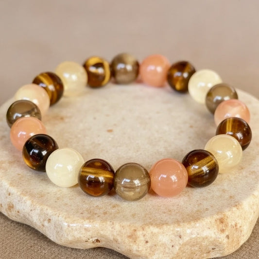 Bransoletka Energia Słoneczna z kwarcu dymnego, oka tygrysa i kwarcu rutylowego złotego